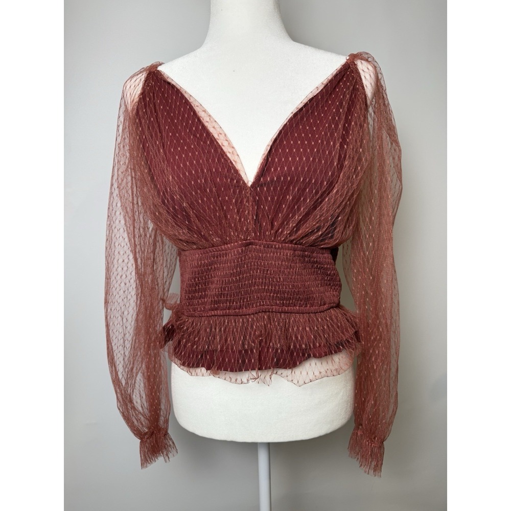 Anthropologie Top Womens M Lace Tulle Romanic Smocked V Neck Red Wine Fem Whimsi